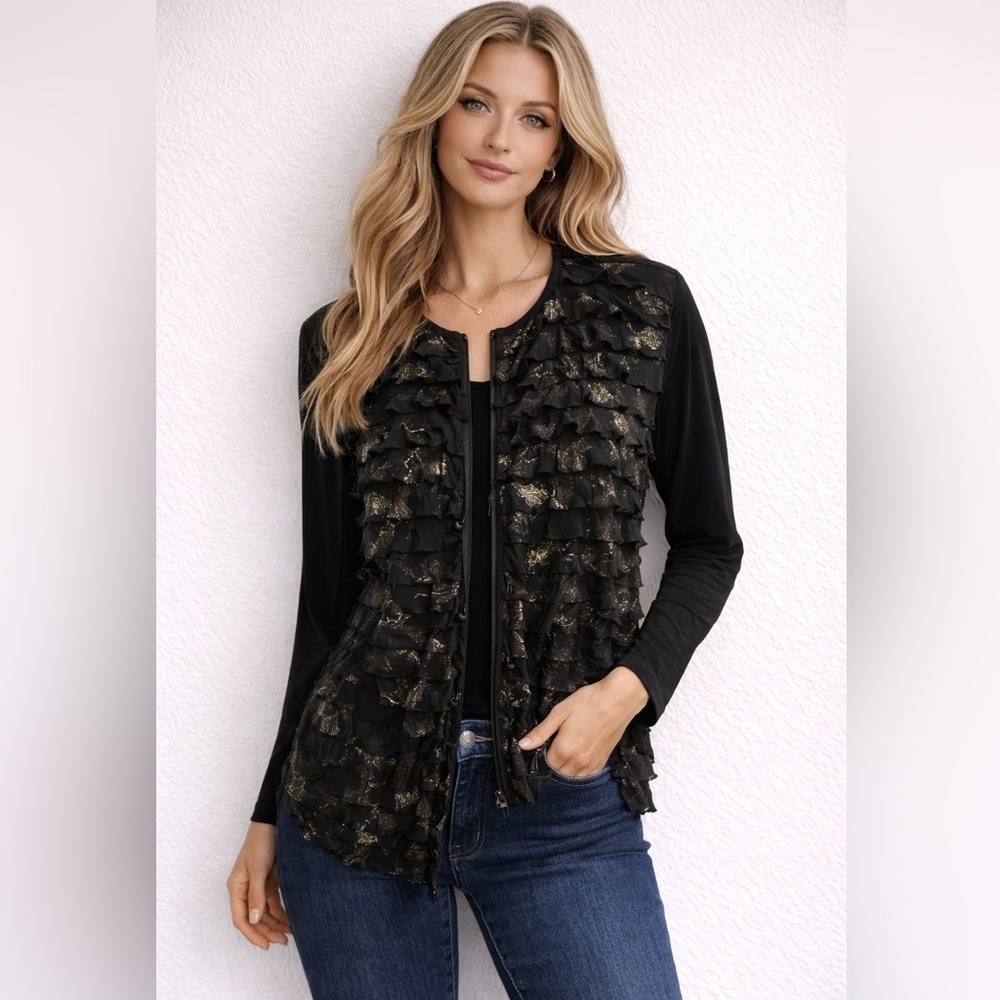 🔥🔥Chicos travelers 1-small Cardigan Black Gold Ruffle Open Front